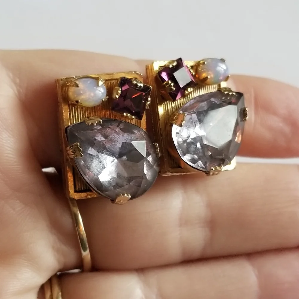 Vintage earrings rhinestone clip on faux opal gold tone rectangular chunky